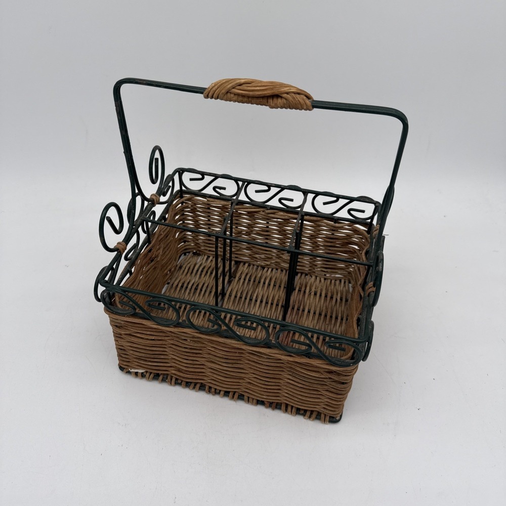 Rattan Green Olive Iron Mutifunctional Kitchen Silverware Storage Basket